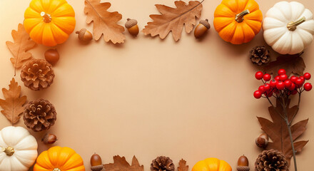Autumn Harvest Flat Lay Border with Pumpkins and Acorns