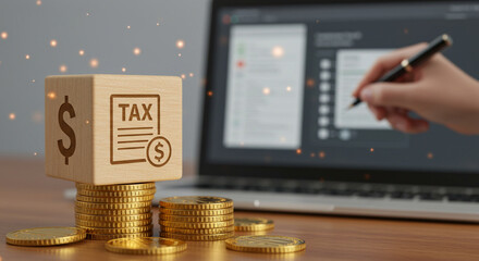 Illustration of tax system management, online payment, and financial planning on a digital device