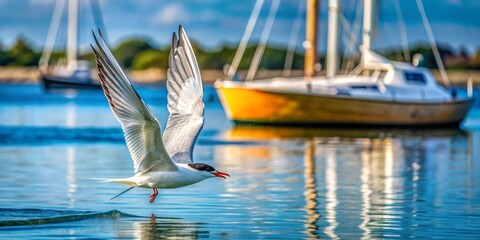 A graceful white bird with striking red beak skims the tranquil water's surface, sailboats gently bobbing in the background under a clear sky