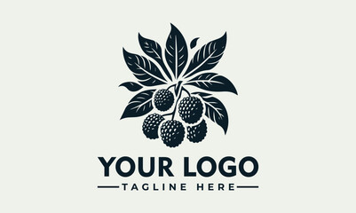 Illustration of lychee fruits hanging from a branch with leaves, presented as a logo design template.