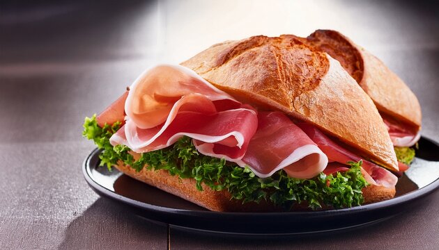 delicious sandwich with prosciutto and pork prosciutto on plate - Powered by Adobe