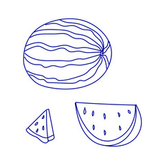 Freshly drawn watermelon slices with a whole watermelon in a simple line design suitable for various creative projects