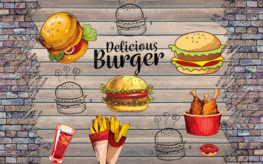 Fast Food Shop Wall Decoration 3D Wallpaper – Creative Interior Design for Cafes and Quick-Service Restaurants