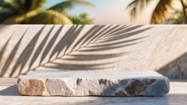 Tropical Scene with Palm Shadow on Stone Surface
