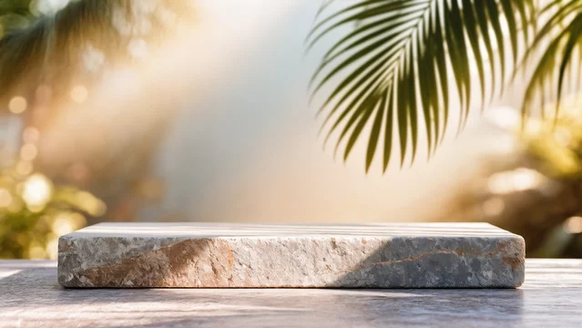 Stone Podium with Palm Shadow in Warm Tropical Light
