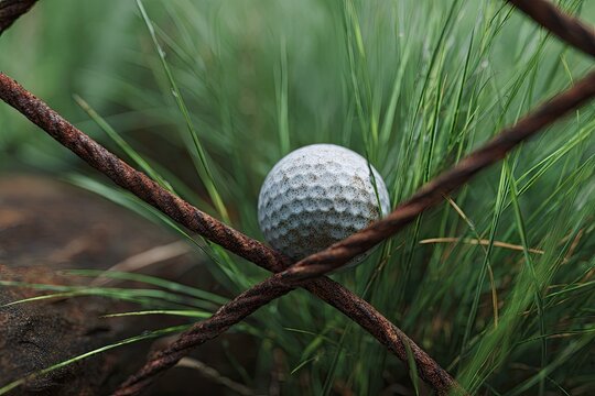 Golf ball trapped between fence wire and grass cinematic sidelight creating high contrast and shallow depth layering gritty green