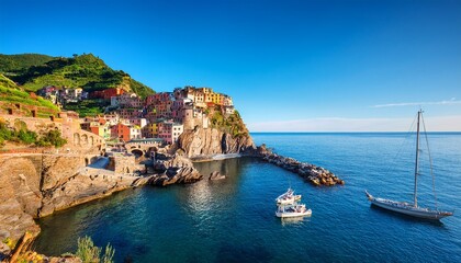 Fototapeta premium the seaside village of vernazza cinque terre shines with colorful buildings towers fortress nestled between terraced hills sailboat on the calm blue waters of the ligurian sea