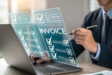 Professional hand holding a pen interacts with a projected digital invoice form, checking virtual boxes for document verification and online financial processing.