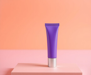 A vibrant purple cosmetic tube stands gracefully on a pink platform, ideal for showcasing beauty products, skincare essentials, and creative marketing campaigns with its modern design.