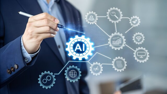A hand in a business suit points to a glowing artificial intelligence AI gear, symbolizing advanced technology and connected digital business solutions.