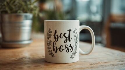 Fototapeta premium White ceramic best boss mug on wooden table in cozy office setting
