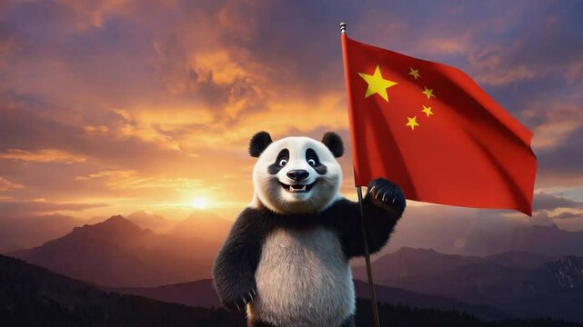 Panda bear with the Chinese flag.