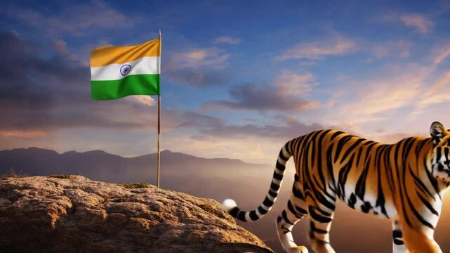 Bengal tiger with the Indian flag.