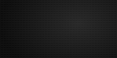 Dark grey abstract wide horizontal banner with hexagon carbon fiber grid and orange luminous lines. Technology vector background with orange neon lines