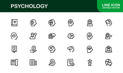 Psychology Line Icons Collection – Editable Vector Set for Mind, Emotions, Brain Research, Counseling, and Mental Wellness Design Projects