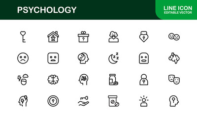 Psychology Line Icons Collection – Editable Vector Set for Mind, Emotions, Brain Research, Counseling, and Mental Wellness Design Projects