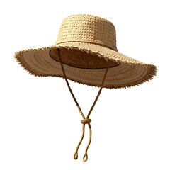 Wide-brimmed straw lifeguard hat with chin strap and woven texture  