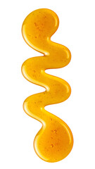 realistic golden honey drip in smooth s-shape curve suspended mid-air with glossy texture on isolated background, sweet syrup flow with sticky amber liquid in artistic zigzag shape, high-resolution fo