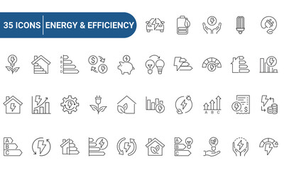 Energy efficiency line icon set. Includes energy saving, sustainability, electricity, consumption, house, reduction, lightning. Editable stroke. Vector illustration	