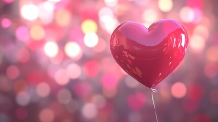 Heart-shaped red balloon with glossy reflections, set against a pink bokeh background, perfect for Valentine's Day themes.