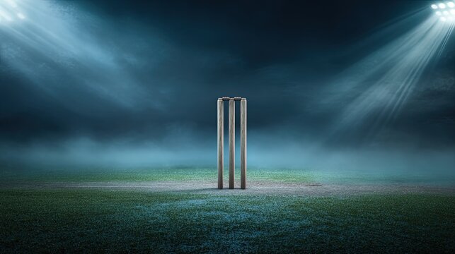 Cricket stumps embedded in misty turf under floodlights volumetric light rays piercing rising morning fog cool blue and green