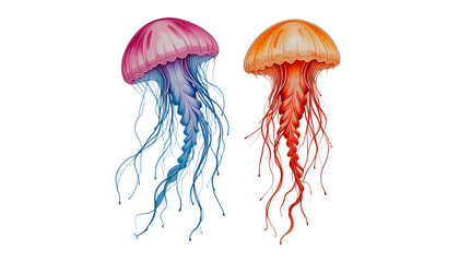 Fototapeta premium Watercolor Painting of Two Colorful Jellyfish with Flowing Tentacles – Isolated PNG