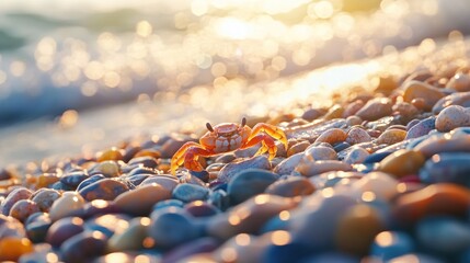 Tiny orange crab on colorful beach stones, sunlit waves