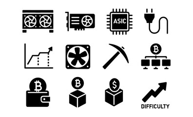 Cryptocurrency mining icons set: asic, bitcoin, and trend charts