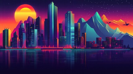Vibrant city skyline at sunset, reflected in water, with stylized mountains