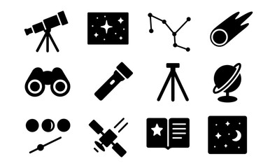 Obraz premium Celestial icons set: space telescope, astronomy, constellation, and more