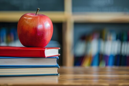 A crisp red apple rests on a neat pile of colorful school books placed on a wooden desk in a bright and cheerful classroom. The background includes a blurred blackboard and shelves, reinforcing a clas