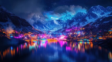 Vibrant mountain village at night, reflected in a lake.  Snowy peaks, colorful lights