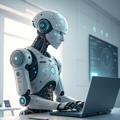 Fototapeta premium robot with laptop, Futuristic Human-AI Collaboration in a High-Tech Office Environment