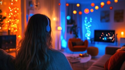 Woman in headphones, cozy living room at night, festive lights