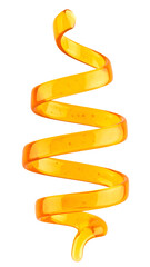 top view of twisted honey ribbon mid-fall, spiral shape isolated on black
