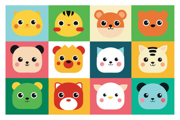 Grid of twelve cute stylized animal faces silhouette