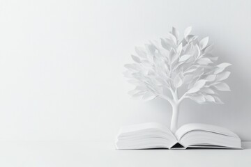 Knowledge Grows: An open book springs to life as a stylized tree of knowledge, bathed in soft studio lighting, symbolizing education, growth, and the power of learning.