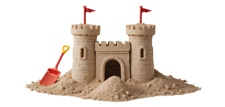 Photograph of Detailed Sandcastle with Two Towers, Arched Gate, Moat, and Red Flags – Isolated PNG