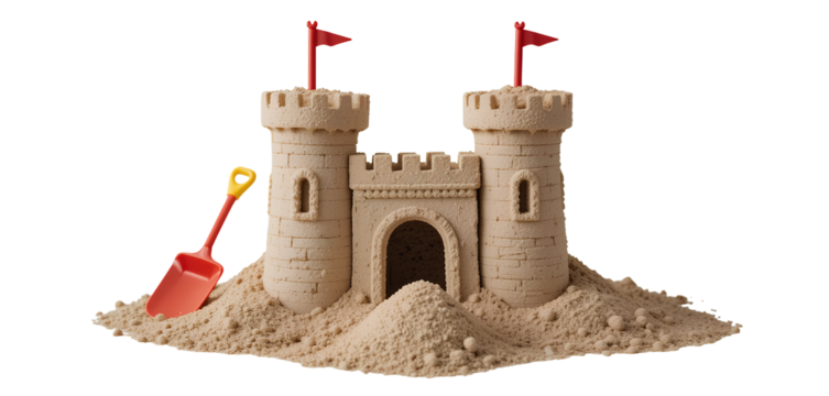 Photograph of Detailed Sandcastle with Two Towers, Arched Gate, Moat, and Red Flags – Isolated PNG
