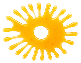 top view of symmetrical radial honey splash with thick golden syrup burst and hole center on isolated background

