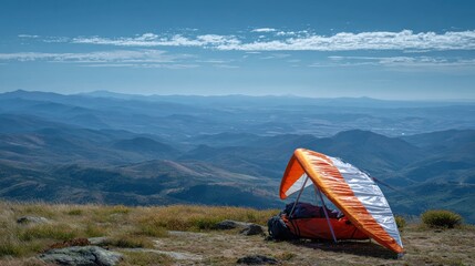 Paraglider on mountaintop, vast view