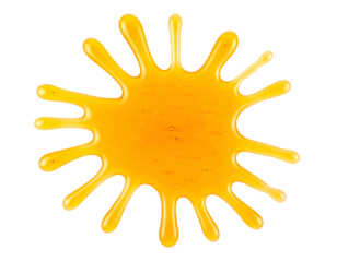 top view of radial honey splash in circular burst shape with glossy syrup texture on isolated background
