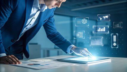 A professional interacts with a glowing futuristic tablet, managing digital data and visualizing abstract business information for advanced analysis.