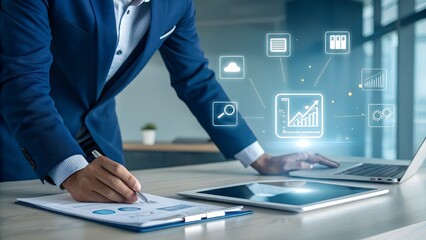 Professional analyzing business data documents on a desk with a laptop and tablet, digital icons representing analytics, growth, and technology.