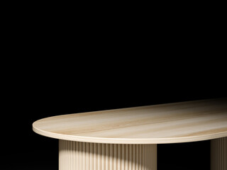 Modern Wooden Oval Table with Fluted Base on Black Background. 3D illustration
