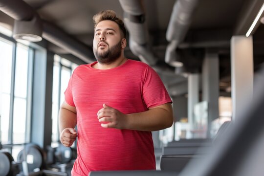 Overweight Man Jogging on Treadmill in Gym