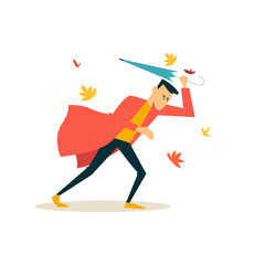 Windy Day Vector Man battling breeze with umbrella 