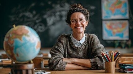 A smiling teacher sitting at her desk in a classroom with a globe and map in the background