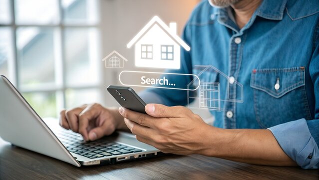 A person is searching for real estate property online using a laptop and a smartphone, with holographic house icons and a search bar.