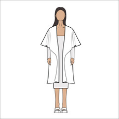 Women model with kaftan blouse top design flat sketch fashion illustration with front and back view, Short kaftan top technical drawing vector template